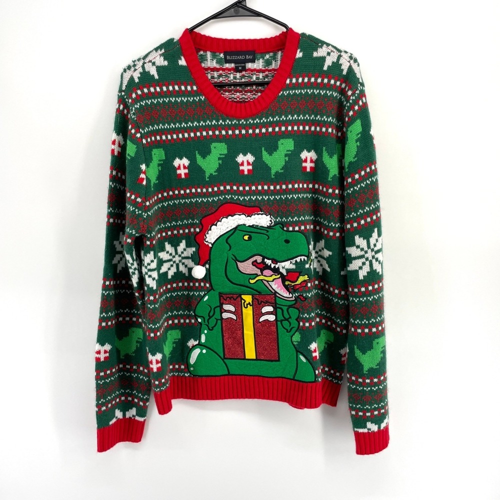 Blizzard Bay Mens M Christmas Sweater Green Dinosaur T Rex Holiday Ugly‎ Gift